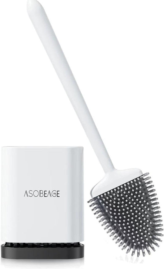 Silicone Toilet Brush: Flexible Head, Long Handle, Wall-Mounted, Quick-Drying Holder for Bathroom Clean (White)
