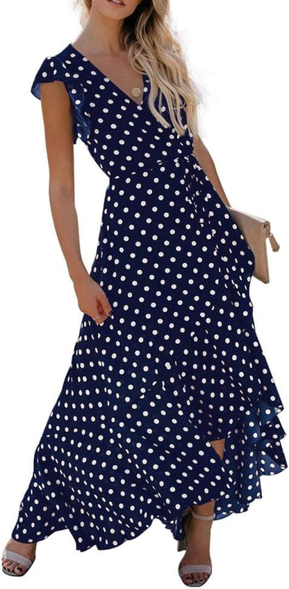 Womens Summer Maxi Dress Boho Floral Cocktail Midi Polka Dot Wrap Dresses V Neck Casual Party Bohemian Flowy Long Dress for Ladies