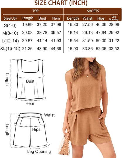 Womens 2 Piece Outfits Lounge Matching Sets Two Piece Linen Shorts Crop Tops 2023 Trendy Clothes Summer Vacation Set