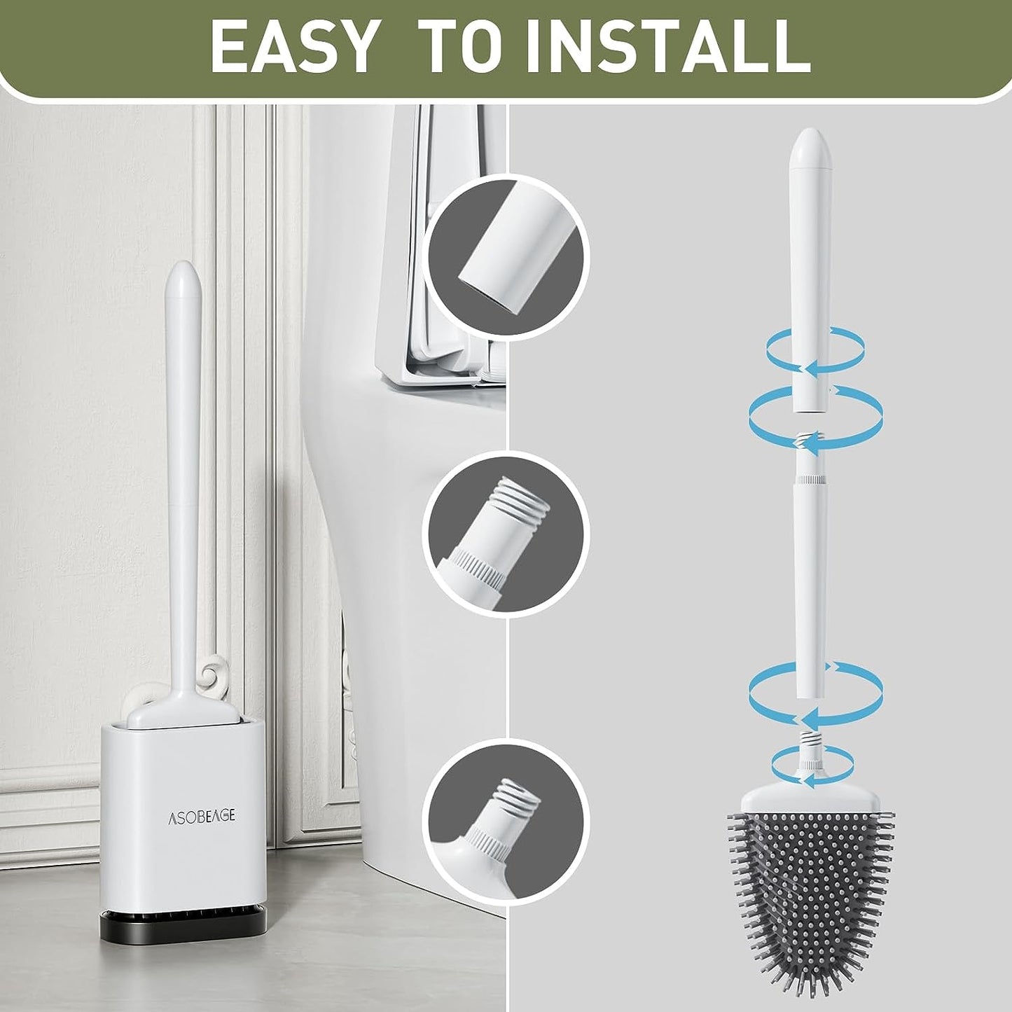 Silicone Toilet Brush: Flexible Head, Long Handle, Wall-Mounted, Quick-Drying Holder for Bathroom Clean (White)