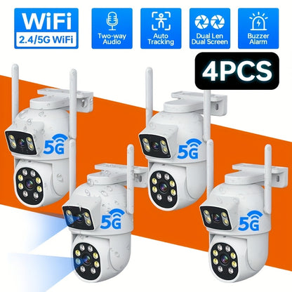1/2/4pcs Dual Lens Wireless Security Camera - PTZ Outdoor Home Surveillance, 2.4G/5G WiFi, Color Night Vision, Auto Tracking, 360° View, Human Detection, 2-Way Talk,, Smart Phone App Control, Outdoor Security Camera | Dual L