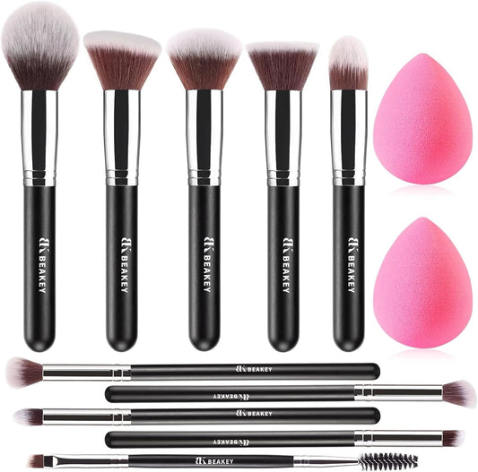 Diversity Make up Brushes 12Pcs Makeup Kit, Premium Synthetic Kabuki Foundation Face Powder Concealers Eyeshadow Blush Brushes Make up Brushes Set, with 2Pcs Blender Sponges (Black/Silver)