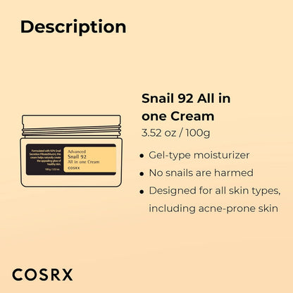 Advanced Snail 92 All in One Cream Korean Snail Mucin Face Cream & Gel Moisturiser for Dry Sensitive and anti Aging Skin, Daily Soothing and Moisturising Cream, Korean Skincare 100G
