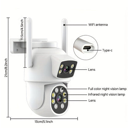 1/2/4pcs Dual Lens Wireless Security Camera - PTZ Outdoor Home Surveillance, 2.4G/5G WiFi, Color Night Vision, Auto Tracking, 360° View, Human Detection, 2-Way Talk,, Smart Phone App Control, Outdoor Security Camera | Dual L