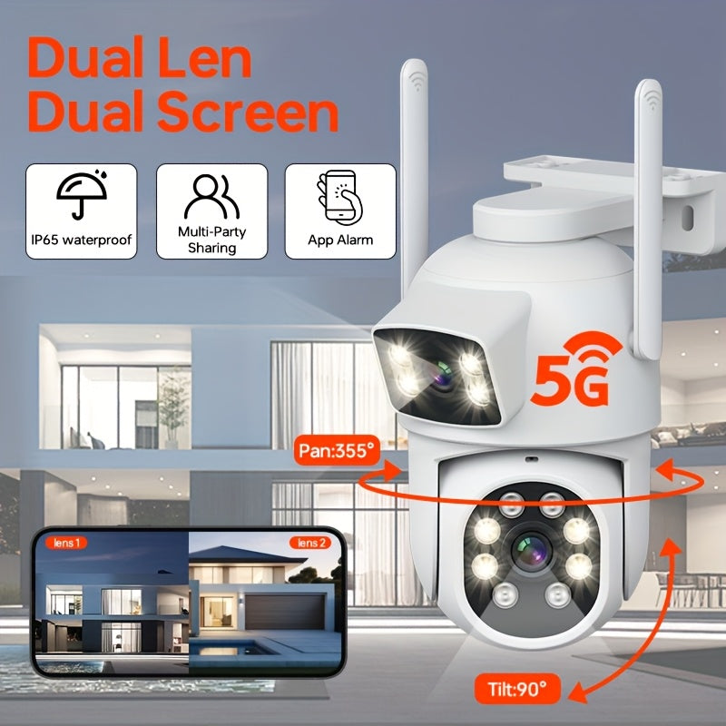 1/2/4pcs Dual Lens Wireless Security Camera - PTZ Outdoor Home Surveillance, 2.4G/5G WiFi, Color Night Vision, Auto Tracking, 360° View, Human Detection, 2-Way Talk,, Smart Phone App Control, Outdoor Security Camera | Dual L