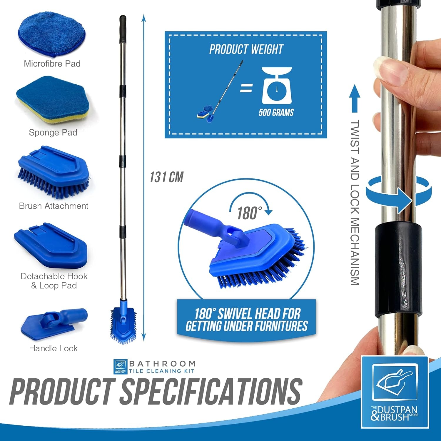 Bathroom Tile Cleaner Shower Cleaning Brush, Multi-Section Long Handled Scrubbing Brush with Replaceable Stiff Bristle Tub and Tile Scrubber, Shower Cleaner Sponge Scourer, and Microfibre Pad