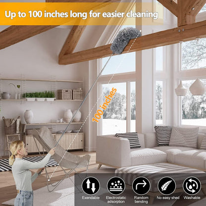 Feather Duster 5PCS Kit with 30-100 Inch Telescopic Extension Pole, Detachable Bendable and Reusable Gap Hand Crevice Brush for Cleaning Dust Cobwebs on High Ceiling Fans Lights Blinds Cars Furniture