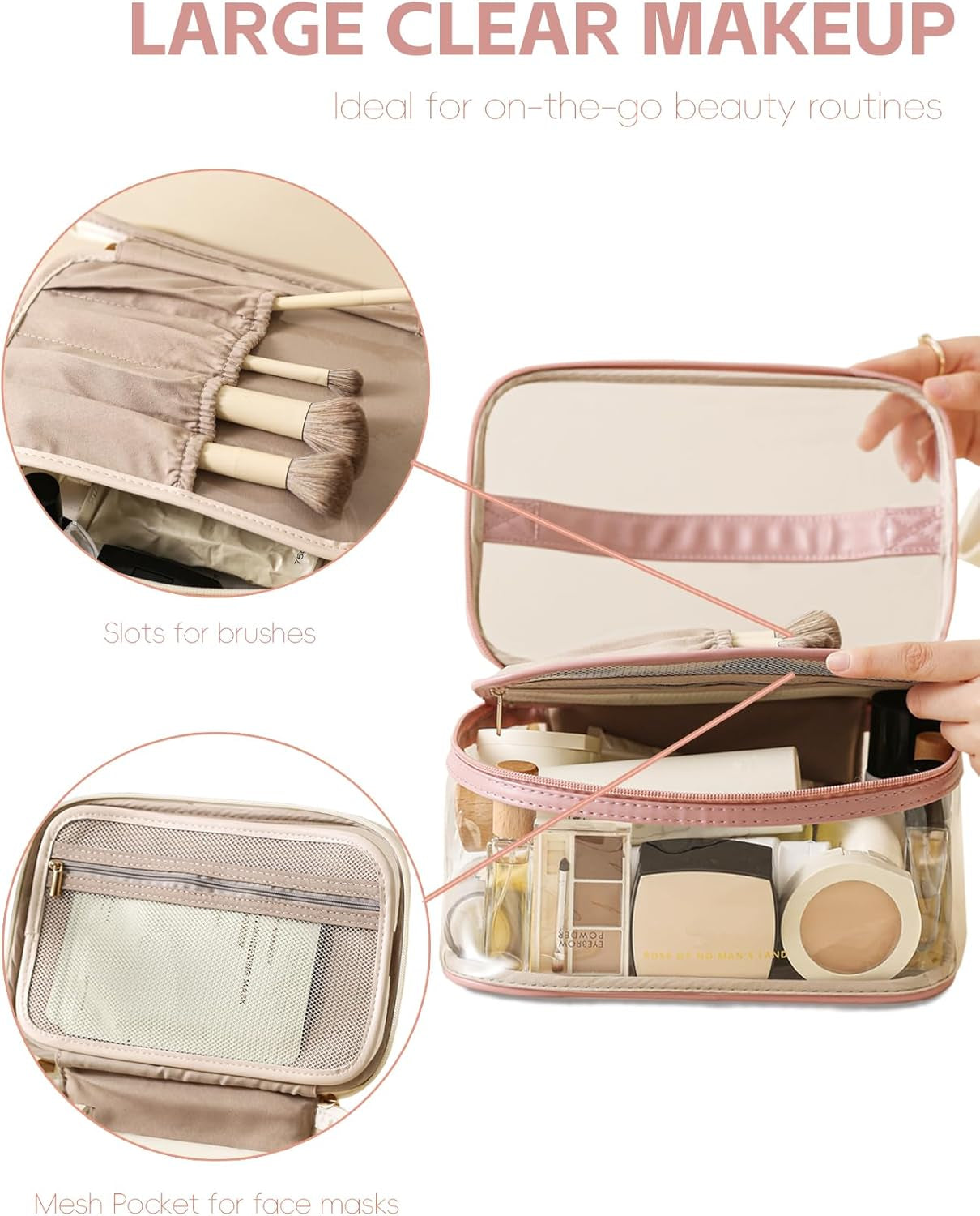 Large Clear Makeup Bag Big Travel Cosmetic Bag On-The-Go Toiletry Bag with Handle Transparent Toiletries Bags Pouch for Purse Orangizer for Daily Essentials Black