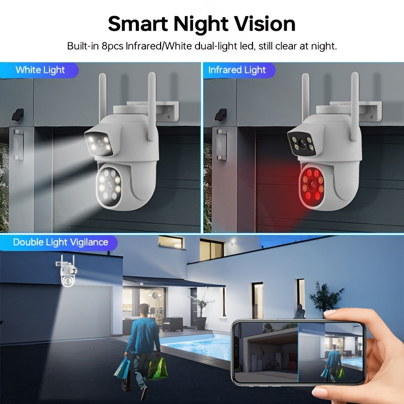 1/2/4pcs Dual Lens Wireless Security Camera - PTZ Outdoor Home Surveillance, 2.4G/5G WiFi, Color Night Vision, Auto Tracking, 360° View, Human Detection, 2-Way Talk,, Smart Phone App Control, Outdoor Security Camera | Dual L