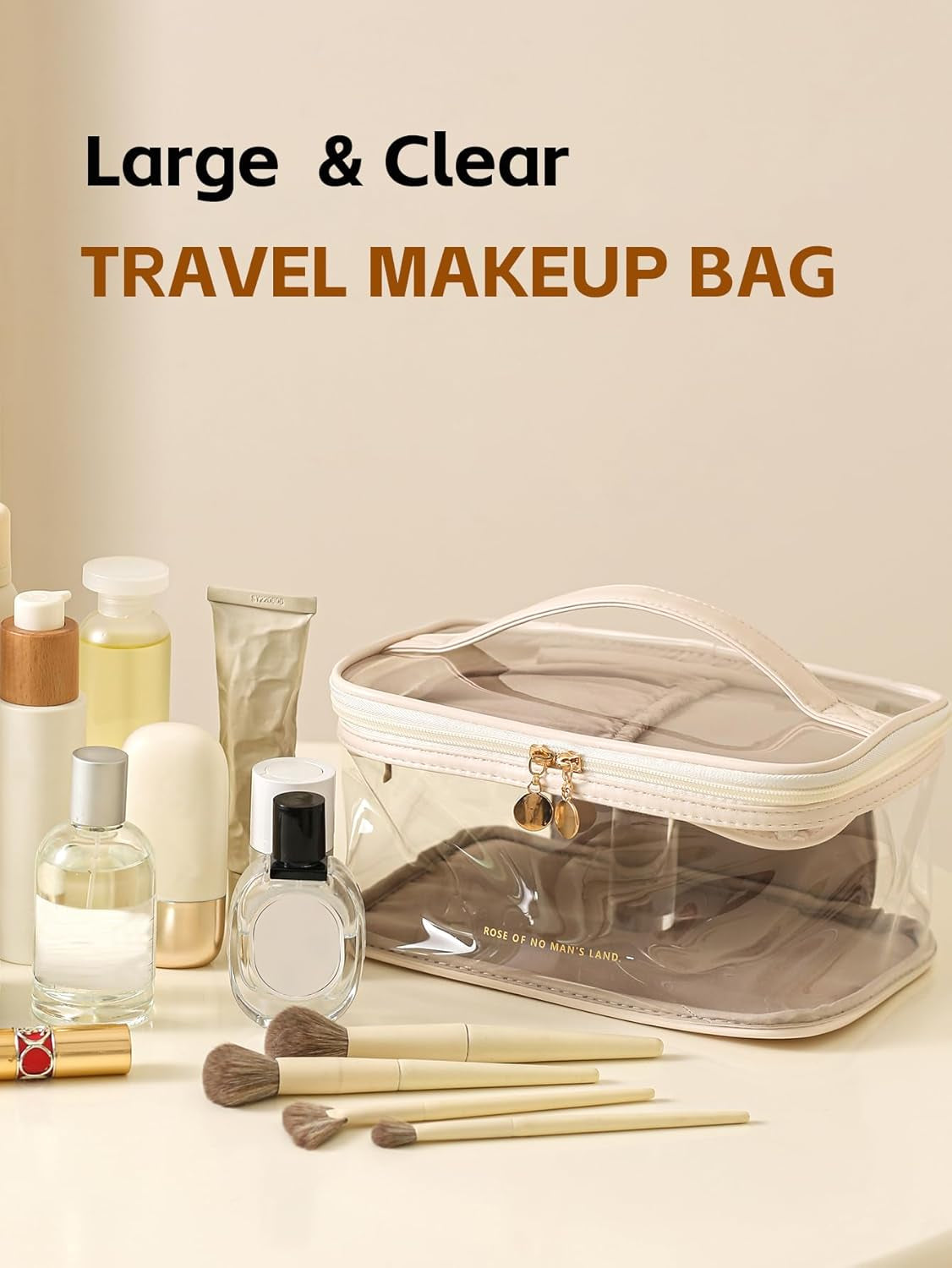 Large Clear Makeup Bag Big Travel Cosmetic Bag On-The-Go Toiletry Bag with Handle Transparent Toiletries Bags Pouch for Purse Orangizer for Daily Essentials Black