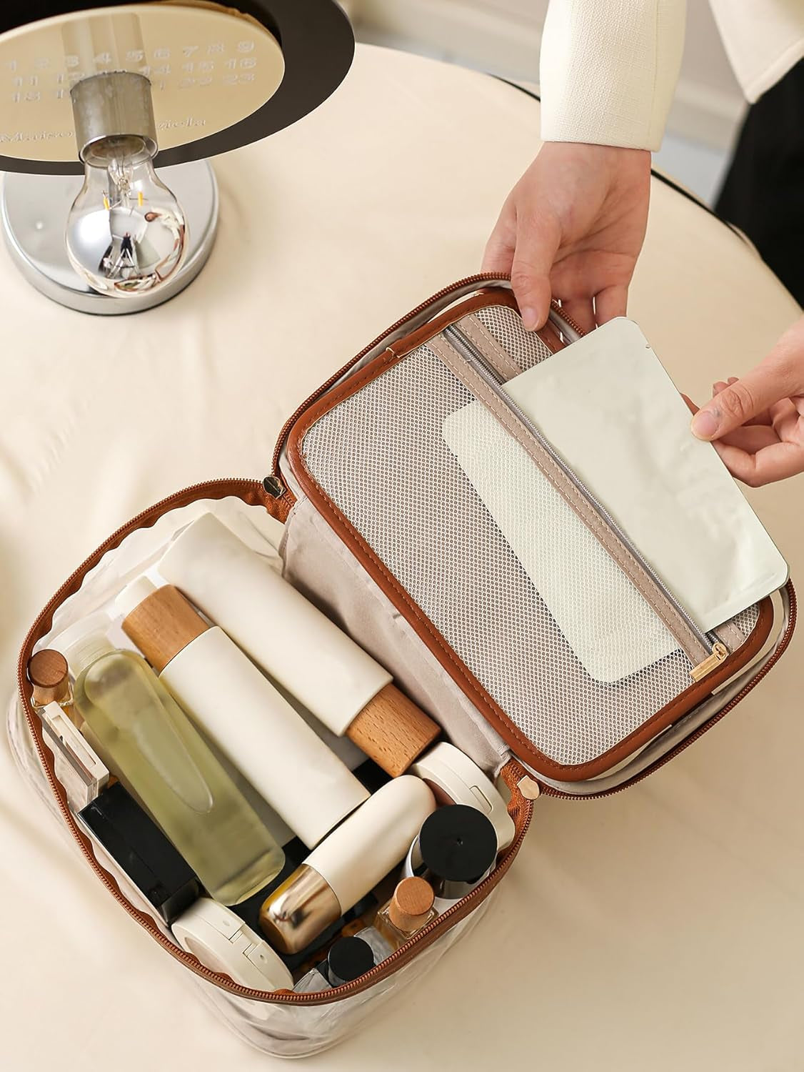 Large Clear Makeup Bag Big Travel Cosmetic Bag On-The-Go Toiletry Bag with Handle Transparent Toiletries Bags Pouch for Purse Orangizer for Daily Essentials Black