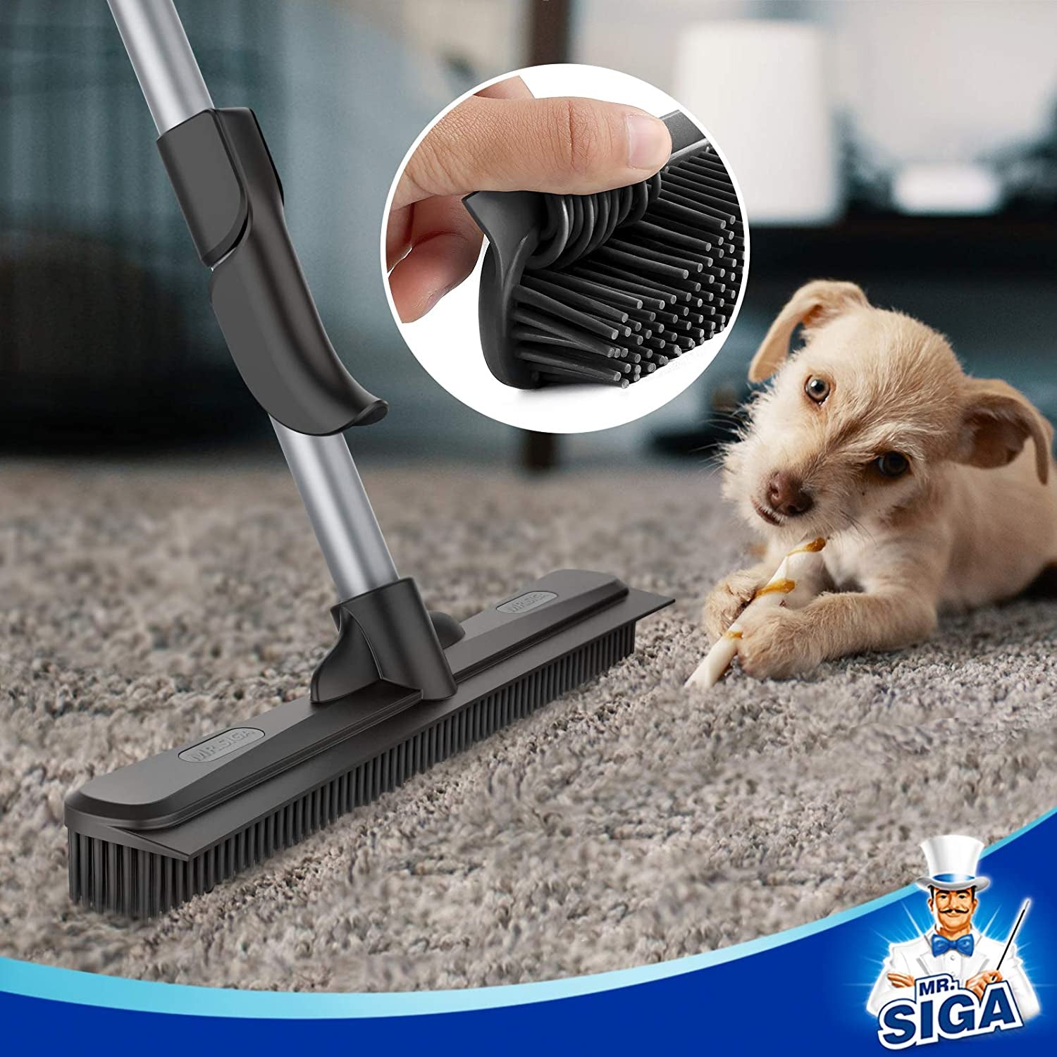 Pet Hair Removal Rubber Broom with Built in Squeegee, 3 in 1 Floor Brush for Carpet, 61 Inch Adjustable Handle, Includes 1 Microfiber Cloth for Floor Dusting