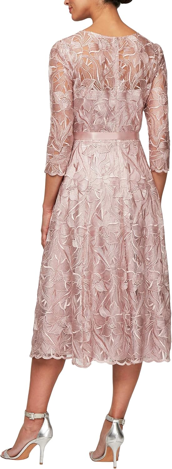 Women'S Tea Length Embroidered Dress Illusion Sleeves (Petite Missy) Special Occasion