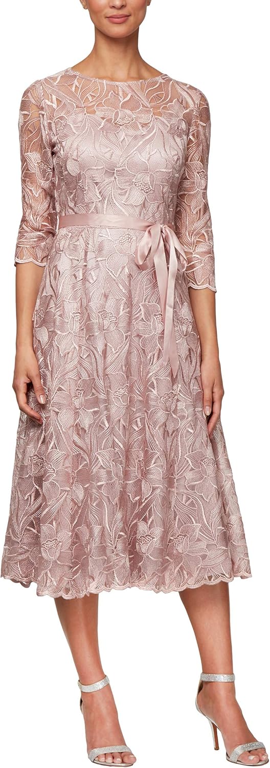 Women'S Tea Length Embroidered Dress Illusion Sleeves (Petite Missy) Special Occasion