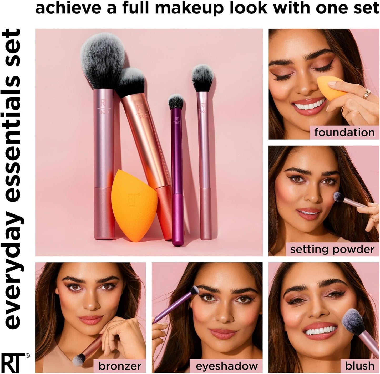 Everyday Essentials + Makeup Sponge Kit, 4 Makeup Brushes and 2 Makeup Blender Sponges,Blush, Bronzer, Eyeshadow, and Powder, Synthetic Bristles, Cruelty-Free, 6 Piece Set