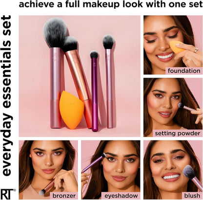 Everyday Essentials + Makeup Sponge Kit, 4 Makeup Brushes and 2 Makeup Blender Sponges,Blush, Bronzer, Eyeshadow, and Powder, Synthetic Bristles, Cruelty-Free, 6 Piece Set