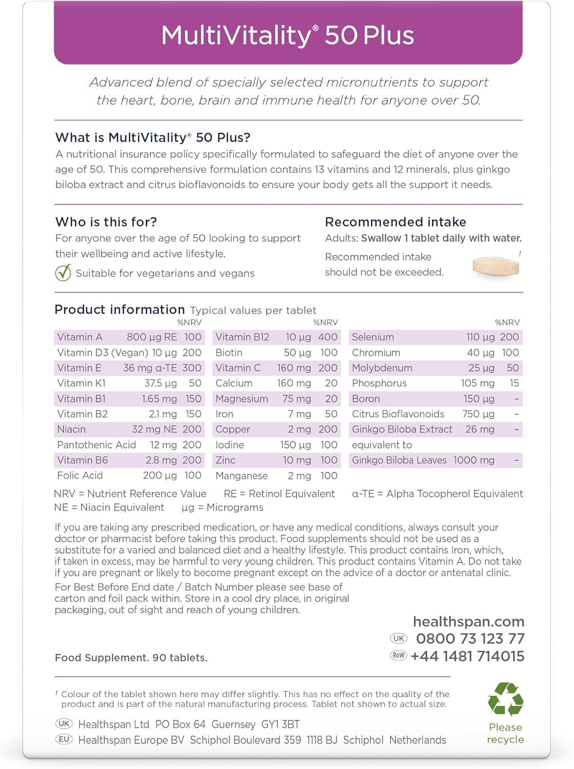 Multivitamin 50 plus | Advance Multivitamin for Over-50'S | Immune Health Support | 13 Vitamins & 12 Minerals | Ginkgo Biloba & Citrus Bioflavonoids | Vegetarian (180 Tablets)