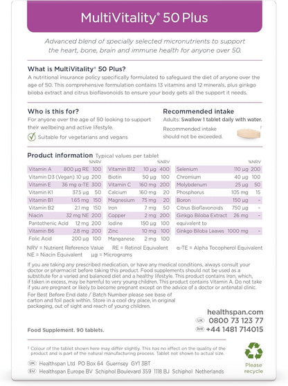 Multivitamin 50 plus | Advance Multivitamin for Over-50'S | Immune Health Support | 13 Vitamins & 12 Minerals | Ginkgo Biloba & Citrus Bioflavonoids | Vegetarian (180 Tablets)