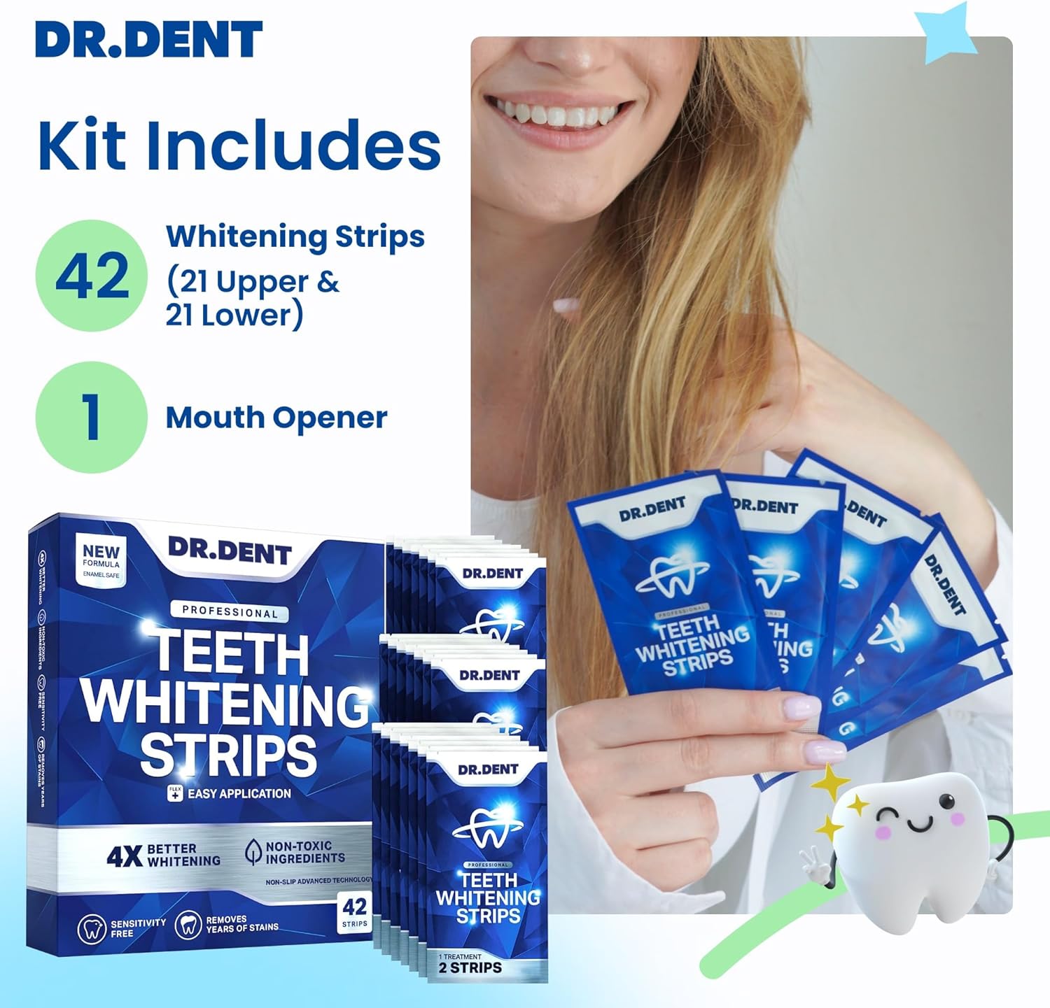 DRDENT Professional Teeth Whitening Strips 21 Treatments - Safe for Enamel - Non Sensitive Teeth Whitening - Whitening without Any Harm - Pack of 42 Strips + Mouth Opener Included
