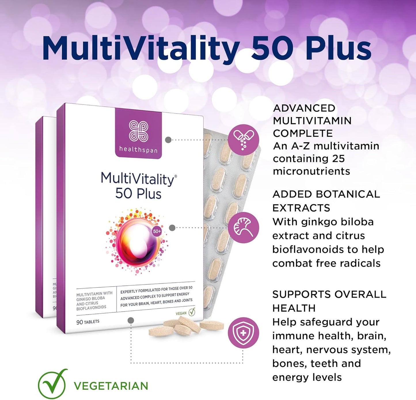 Multivitamin 50 plus | Advance Multivitamin for Over-50'S | Immune Health Support | 13 Vitamins & 12 Minerals | Ginkgo Biloba & Citrus Bioflavonoids | Vegetarian (180 Tablets)