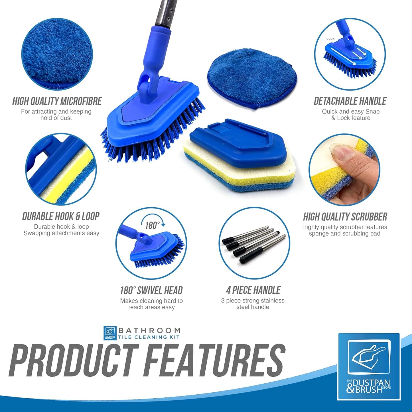 Bathroom Tile Cleaner Shower Cleaning Brush, Multi-Section Long Handled Scrubbing Brush with Replaceable Stiff Bristle Tub and Tile Scrubber, Shower Cleaner Sponge Scourer, and Microfibre Pad