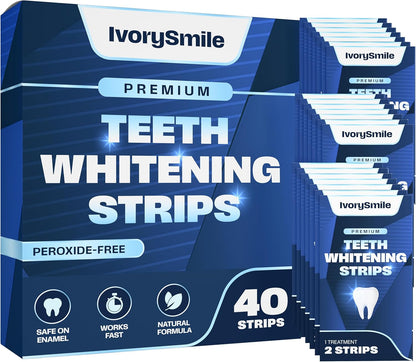 Premium Teeth Whitening Strips - Non-Sensitive Formula - Enamel Safe - 40 Peroxide-Free Whitening Strips - 20 Treatments - Dentist Formulated Teeth Whitening Kit, Mouth Opener Included