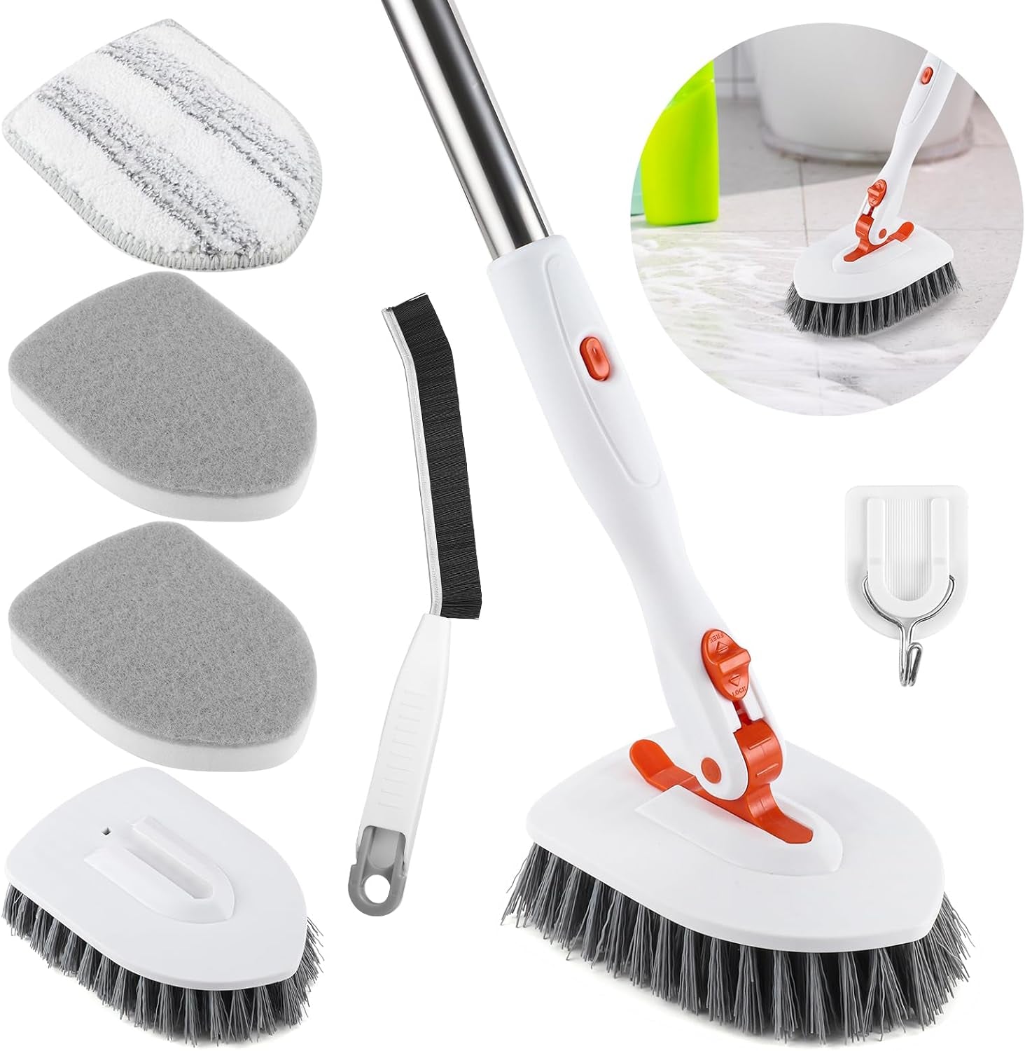 Bathroom Tile Cleaner Shower Scrubber Cleaning Brush, 3 in 1 52 Inch Long Handle Scrubbing Brush with Locked Head, Stiff Bristles Scrub Brush for Kitchen Tub Tile Sink Wall
