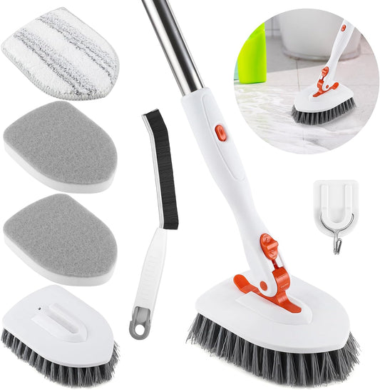 Bathroom Tile Cleaner Shower Scrubber Cleaning Brush, 3 in 1 52 Inch Long Handle Scrubbing Brush with Locked Head, Stiff Bristles Scrub Brush for Kitchen Tub Tile Sink Wall