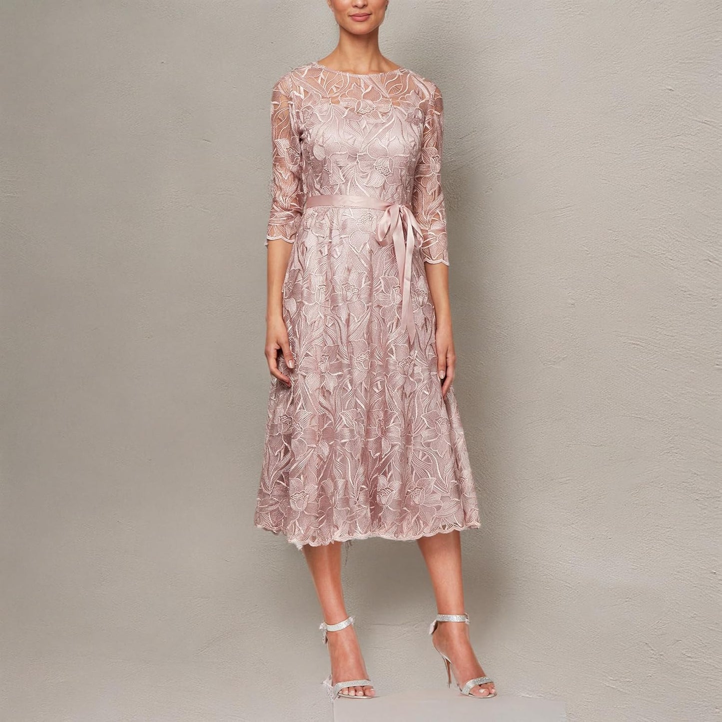 Women'S Tea Length Embroidered Dress Illusion Sleeves (Petite Missy) Special Occasion