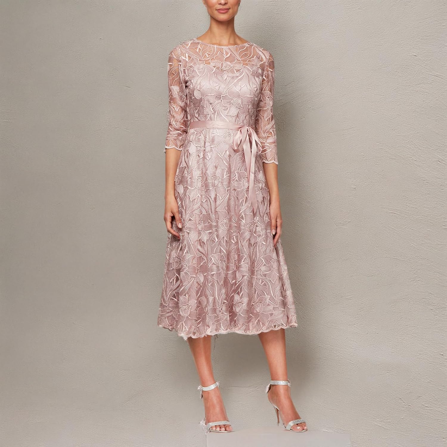 Women'S Tea Length Embroidered Dress Illusion Sleeves (Petite Missy) Special Occasion