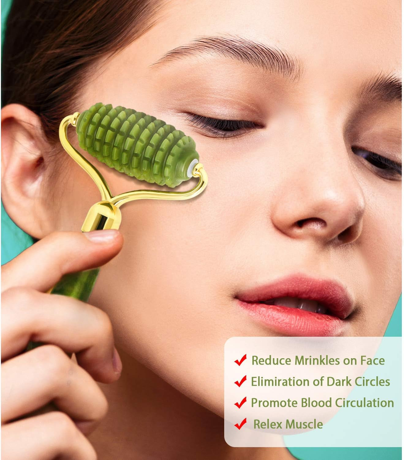 Gua Sha Jade Roller Set, Face Roller, Face Massager Jade Stone Facial Roller for Eye Puffiness Treatment, Skin Tightening, Rejuvenate Face & Neck (Green)
