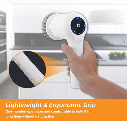 Electric Spin Scrubber,Rechargeable Cordless Electric Cleaning Brush with 5 Replaceable Brush Heads,2 Speeds Led Display & IPX7 Waterproof for Kitchen Bathroom Window Wall Tile