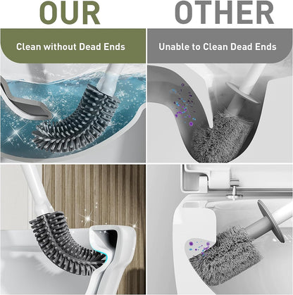 Silicone Toilet Brush: Flexible Head, Long Handle, Wall-Mounted, Quick-Drying Holder for Bathroom Clean (White)