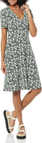 Women'S Short-Sleeve V-Neck Gathered Fit and Flare Dress