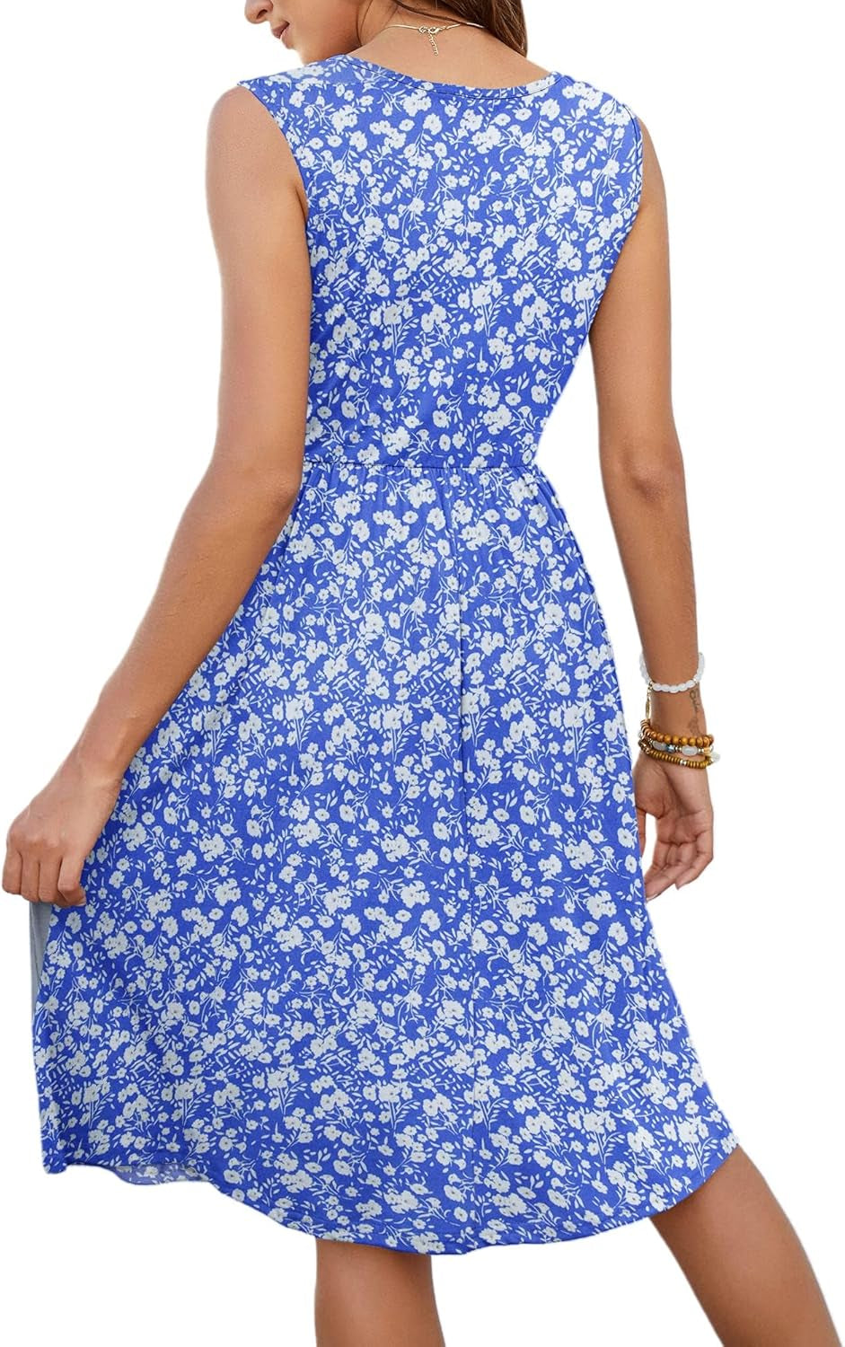 Summer Dresses for Women - UK Sleeveless Ladies Dress with V Neck, Beach Dress, Swing Button Midi Sundress with Pockets