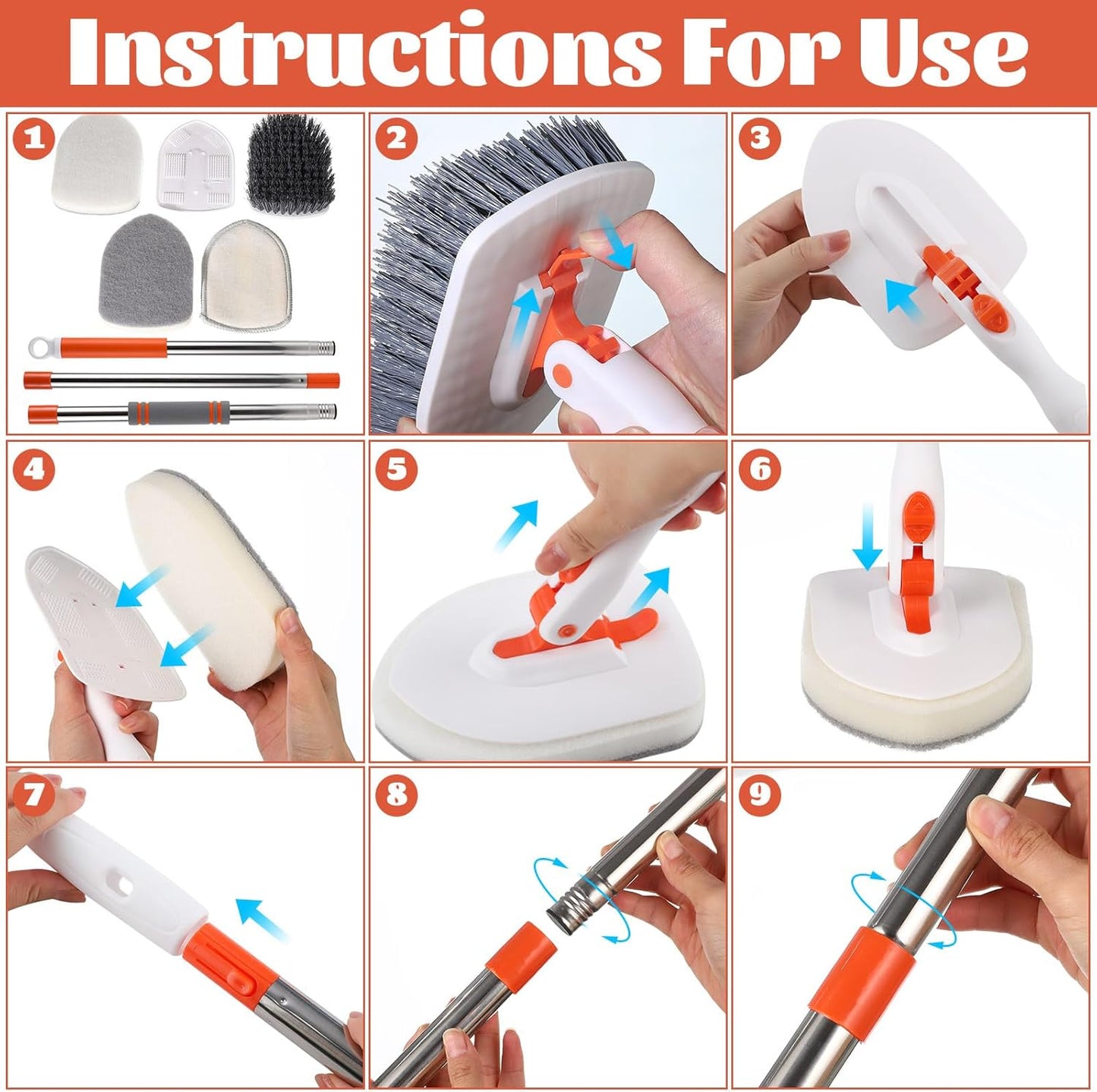 Bathroom Tile Cleaner Shower Scrubber Cleaning Brush, 3 in 1 52 Inch Long Handle Scrubbing Brush with Locked Head, Stiff Bristles Scrub Brush for Kitchen Tub Tile Sink Wall