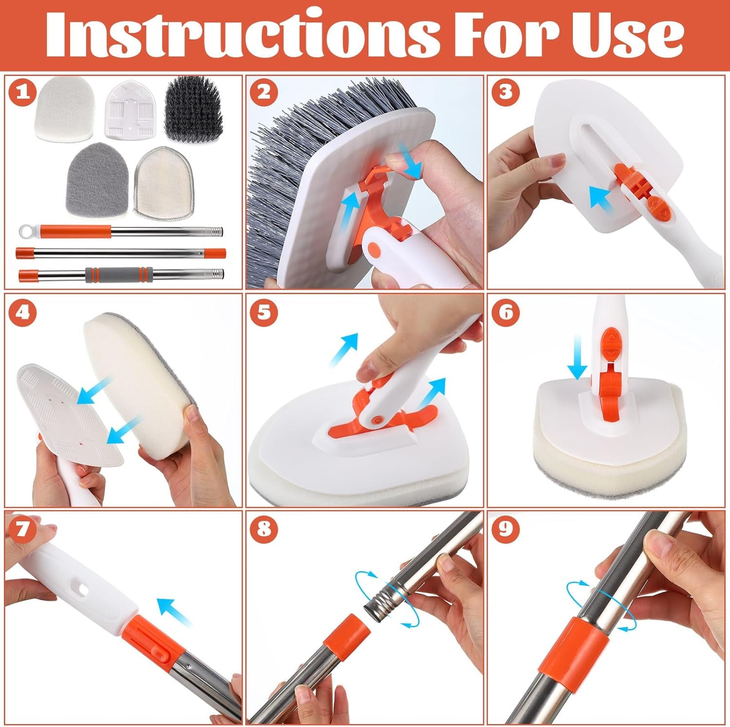 Bathroom Tile Cleaner Shower Scrubber Cleaning Brush, 3 in 1 52 Inch Long Handle Scrubbing Brush with Locked Head, Stiff Bristles Scrub Brush for Kitchen Tub Tile Sink Wall