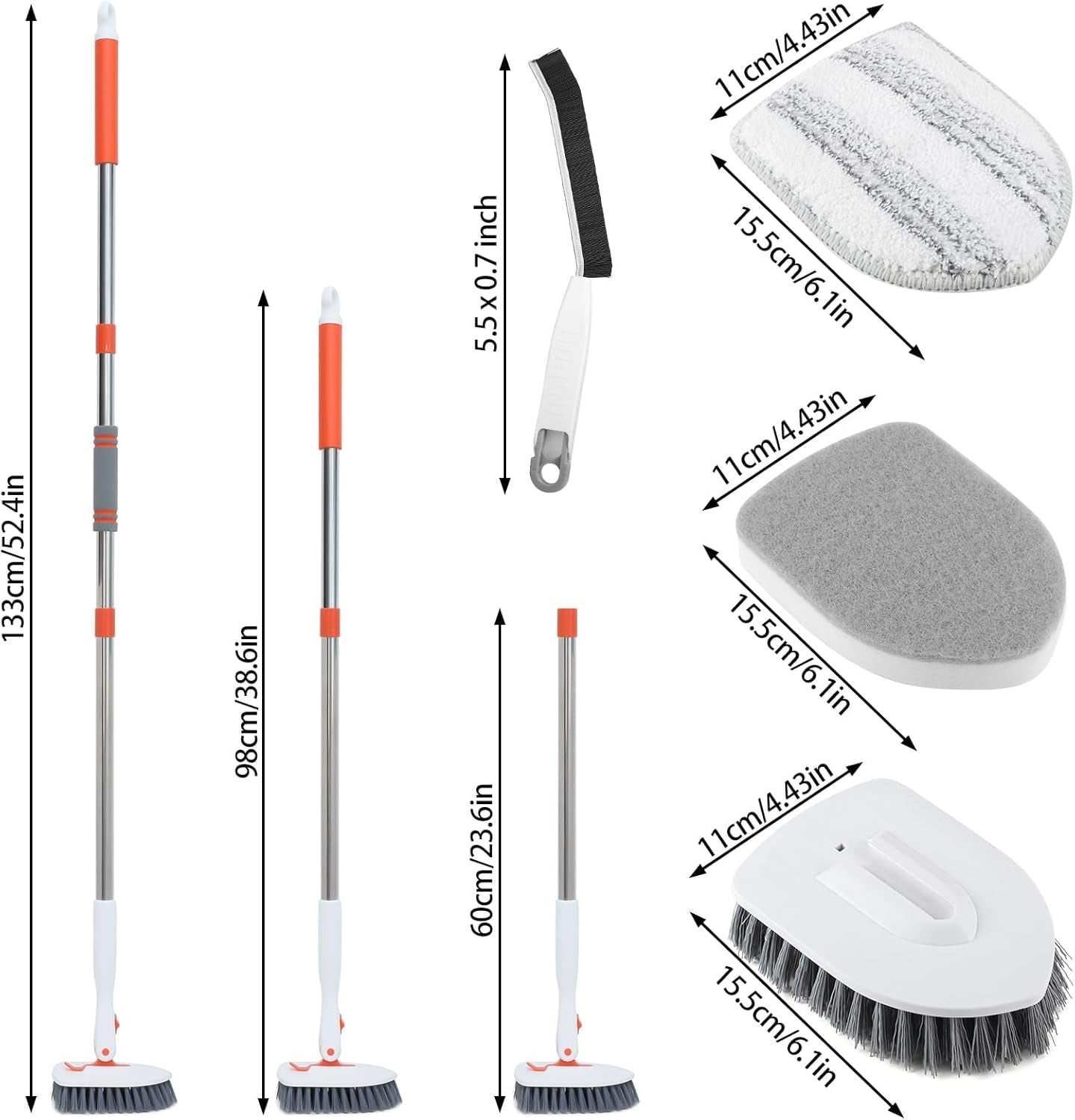 Bathroom Tile Cleaner Shower Scrubber Cleaning Brush, 3 in 1 52 Inch Long Handle Scrubbing Brush with Locked Head, Stiff Bristles Scrub Brush for Kitchen Tub Tile Sink Wall
