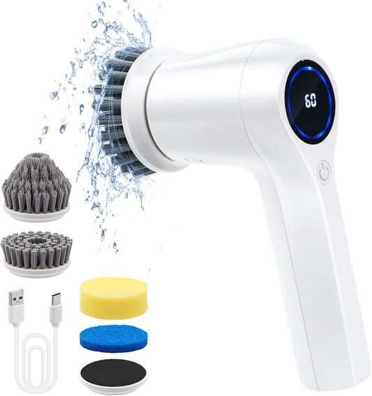 Electric Spin Scrubber,Rechargeable Cordless Electric Cleaning Brush with 5 Replaceable Brush Heads,2 Speeds Led Display & IPX7 Waterproof for Kitchen Bathroom Window Wall Tile