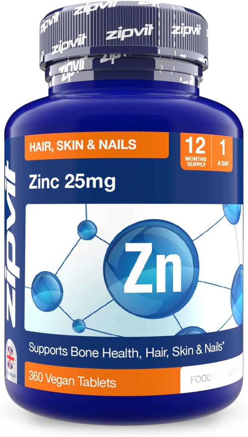 Zinc 25Mg, 12 Months Supply, Recommended Dose Zinc Supplement, Supports Hair, Skin, Nails, Bones & Vision, Promotes Immunity, Fertility & Reproduction for Men & Women, 360 Vegan Tablets