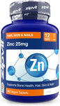 Zinc 25Mg, 12 Months Supply, Recommended Dose Zinc Supplement, Supports Hair, Skin, Nails, Bones & Vision, Promotes Immunity, Fertility & Reproduction for Men & Women, 360 Vegan Tablets