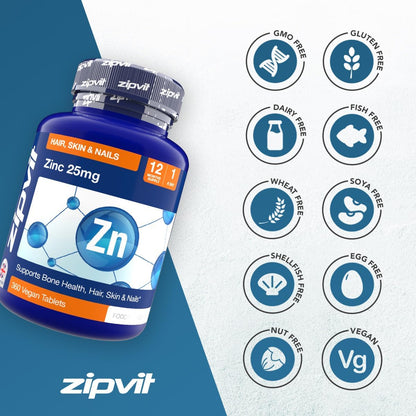 Zinc 25Mg, 12 Months Supply, Recommended Dose Zinc Supplement, Supports Hair, Skin, Nails, Bones & Vision, Promotes Immunity, Fertility & Reproduction for Men & Women, 360 Vegan Tablets