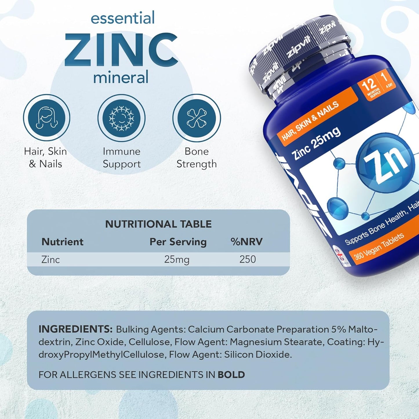 Zinc 25Mg, 12 Months Supply, Recommended Dose Zinc Supplement, Supports Hair, Skin, Nails, Bones & Vision, Promotes Immunity, Fertility & Reproduction for Men & Women, 360 Vegan Tablets