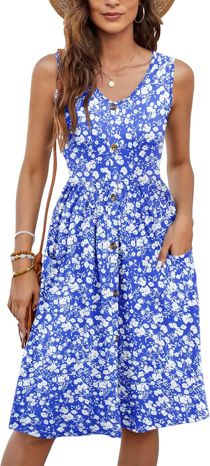 Summer Dresses for Women - UK Sleeveless Ladies Dress with V Neck, Beach Dress, Swing Button Midi Sundress with Pockets