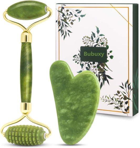 Gua Sha Jade Roller Set, Face Roller, Face Massager Jade Stone Facial Roller for Eye Puffiness Treatment, Skin Tightening, Rejuvenate Face & Neck (Green)