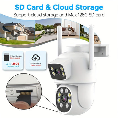 1/2/4pcs Dual Lens Wireless Security Camera - PTZ Outdoor Home Surveillance, 2.4G/5G WiFi, Color Night Vision, Auto Tracking, 360° View, Human Detection, 2-Way Talk,, Smart Phone App Control, Outdoor Security Camera | Dual L