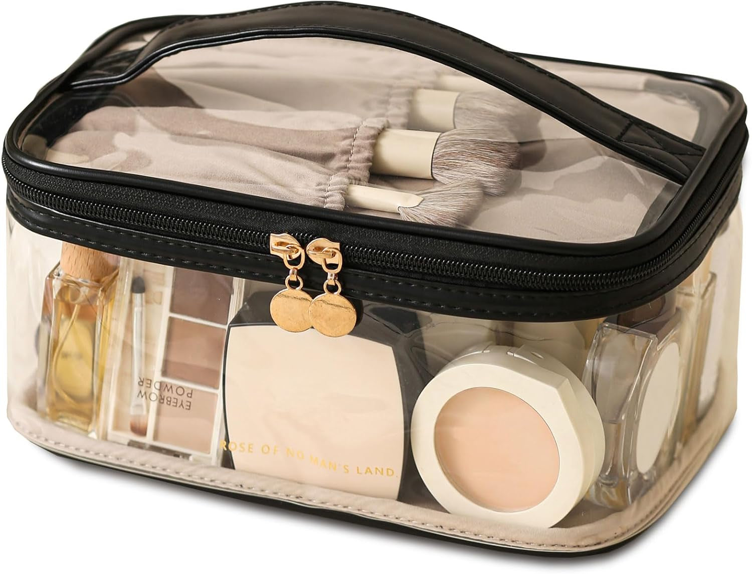 Large Clear Makeup Bag Big Travel Cosmetic Bag On-The-Go Toiletry Bag with Handle Transparent Toiletries Bags Pouch for Purse Orangizer for Daily Essentials Black