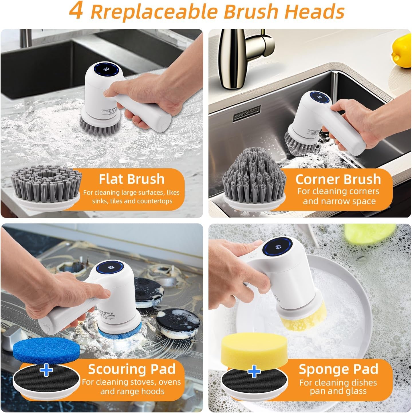 Electric Spin Scrubber,Rechargeable Cordless Electric Cleaning Brush with 5 Replaceable Brush Heads,2 Speeds Led Display & IPX7 Waterproof for Kitchen Bathroom Window Wall Tile