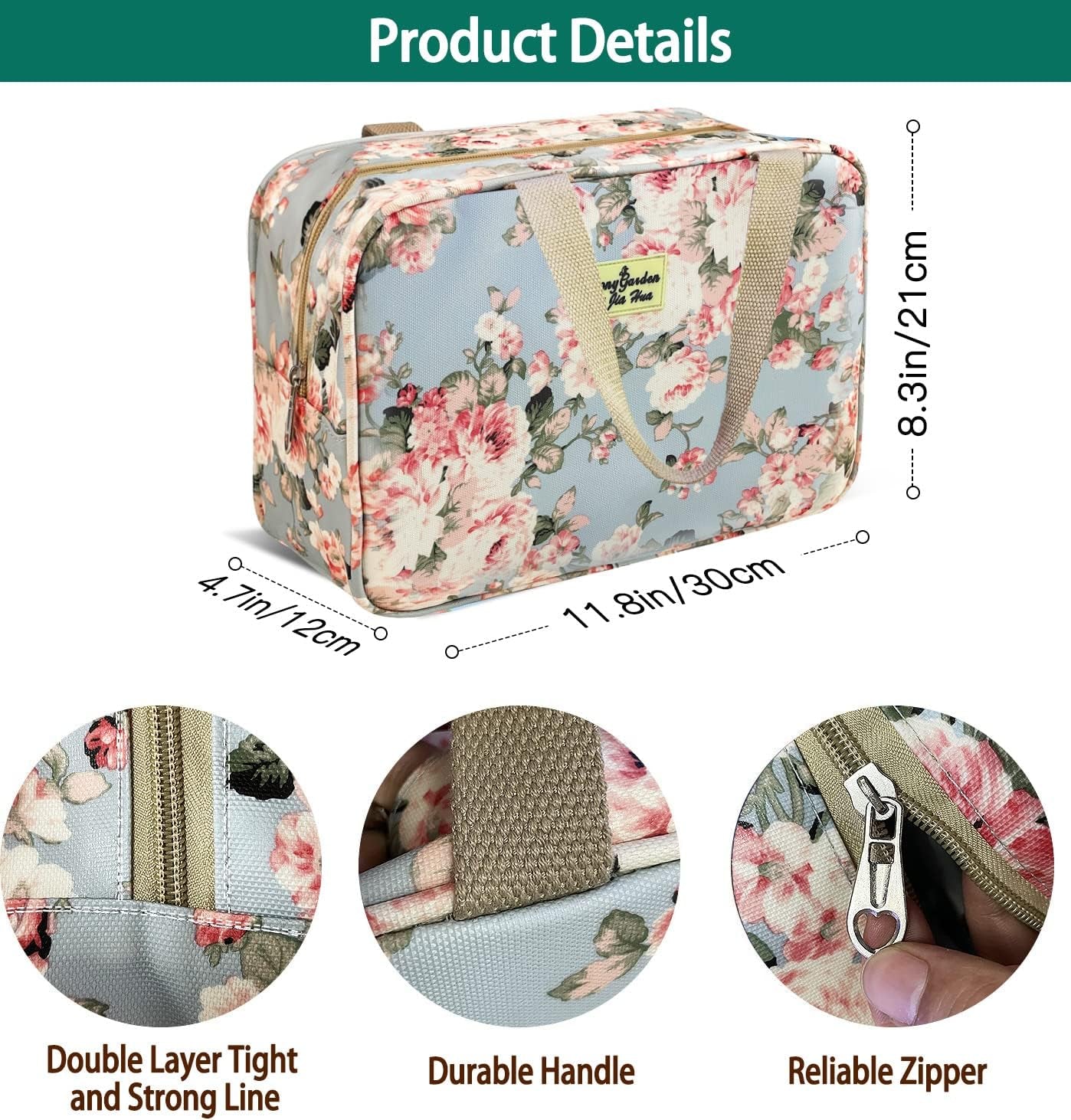 Full Size Toiletry Bag Hand-Held Large Cosmetic Bag Travel Makeup Bag Portable Large Wash Bag Waterproof Toiletry Kit Organizer for Women & Girl (Blue Rose)