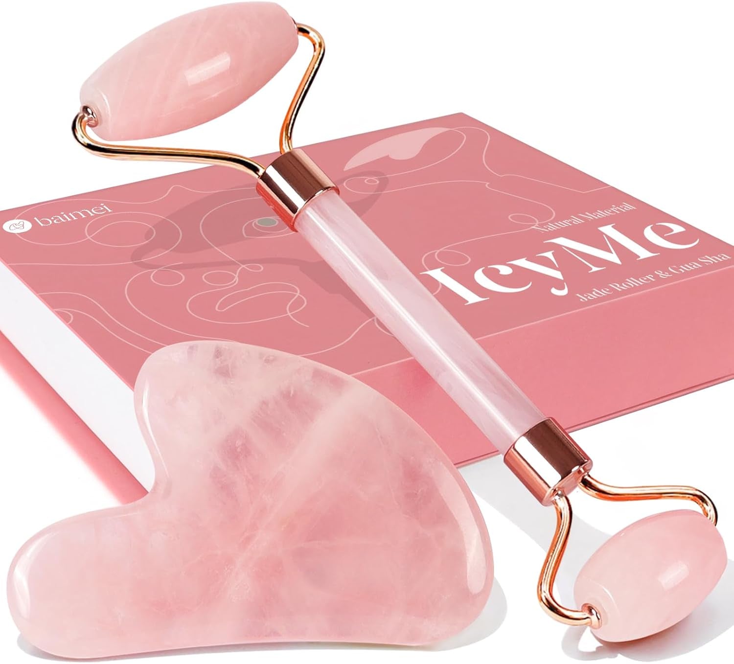 Gua Sha & Jade Roller,Guasha Tool Face, Self Care Gift for Women and Men, Massager for Face, Eyes, Neck Care, Skin Care Gifts - Rose Quartz